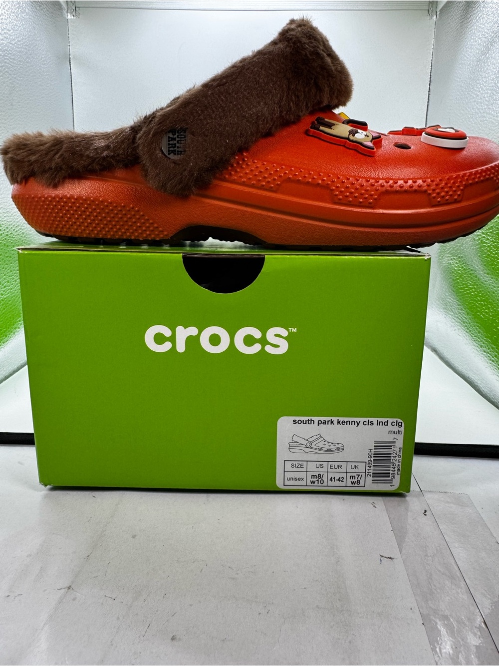 CROCS mens Orange Clog with Brown Fuzzy Lining